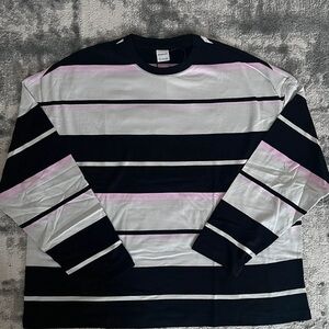 Bershka Men's Long Sleeve Shirt with Black, White, and Pink Stripes